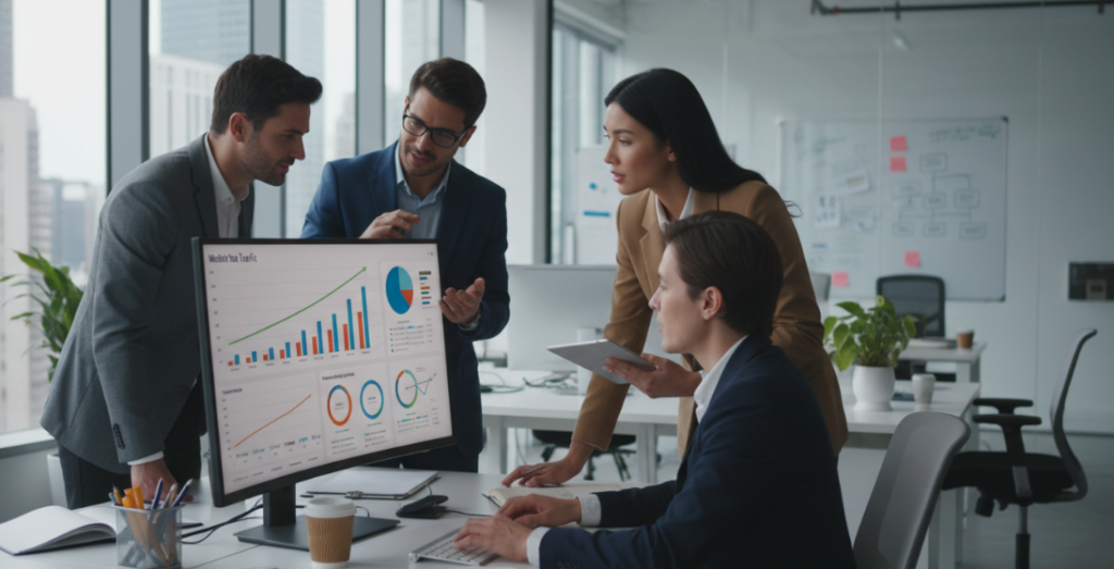 Professional team conducting a website performance audit, analyzing graphs and charts on a computer screen.