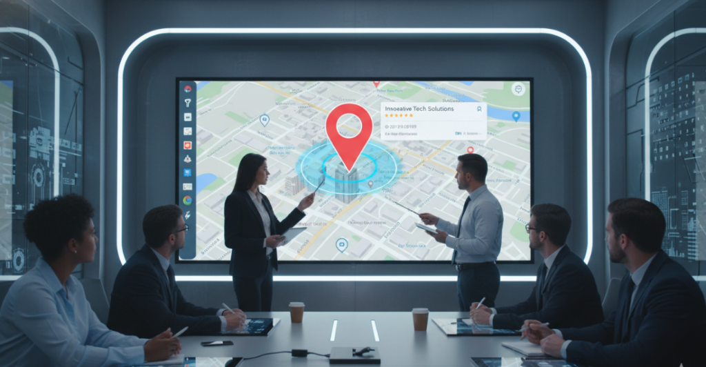 Business team reviewing Google Map interface with a business pin on the map.