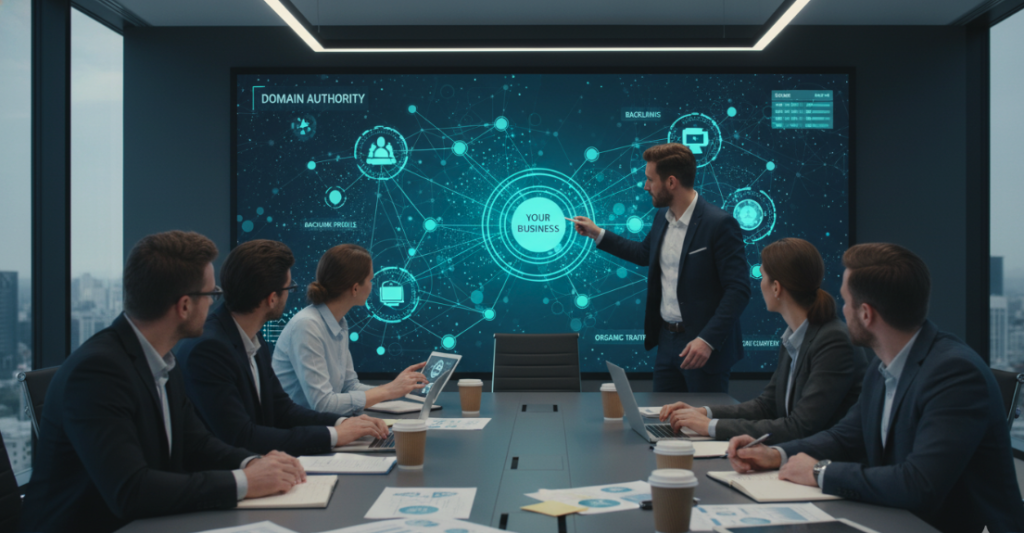 Business team discussing link-building strategies with interconnected websites shown on a digital screen.