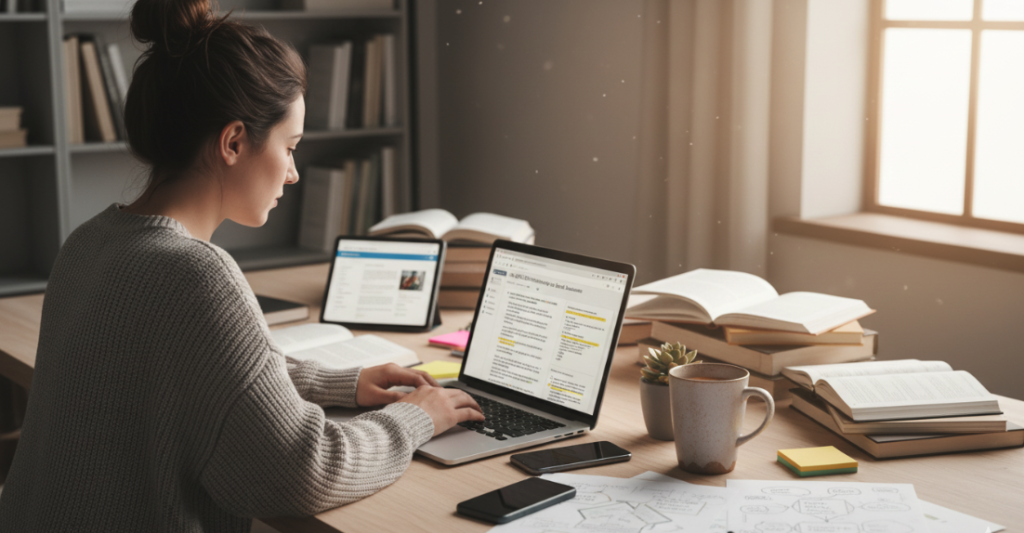Professional writer working on a laptop surrounded by research materials, creating SEO-optimized content.