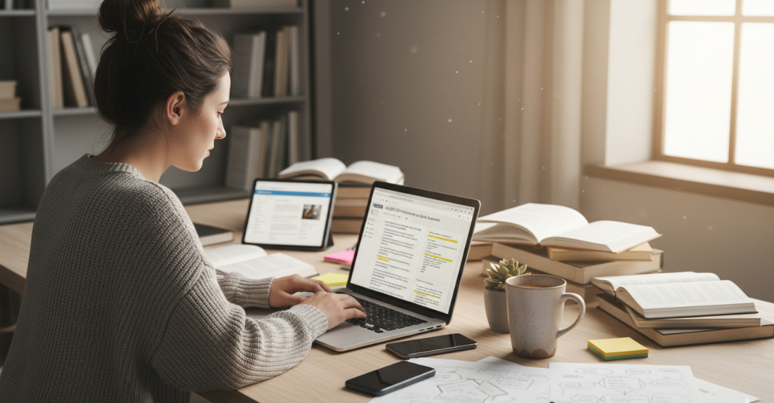 Professional writer working on a laptop surrounded by research materials, creating SEO-optimized content.