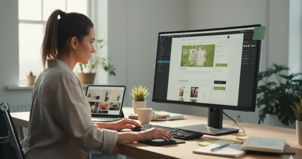 Web designer working on a website layout on a computer screen in a modern office.